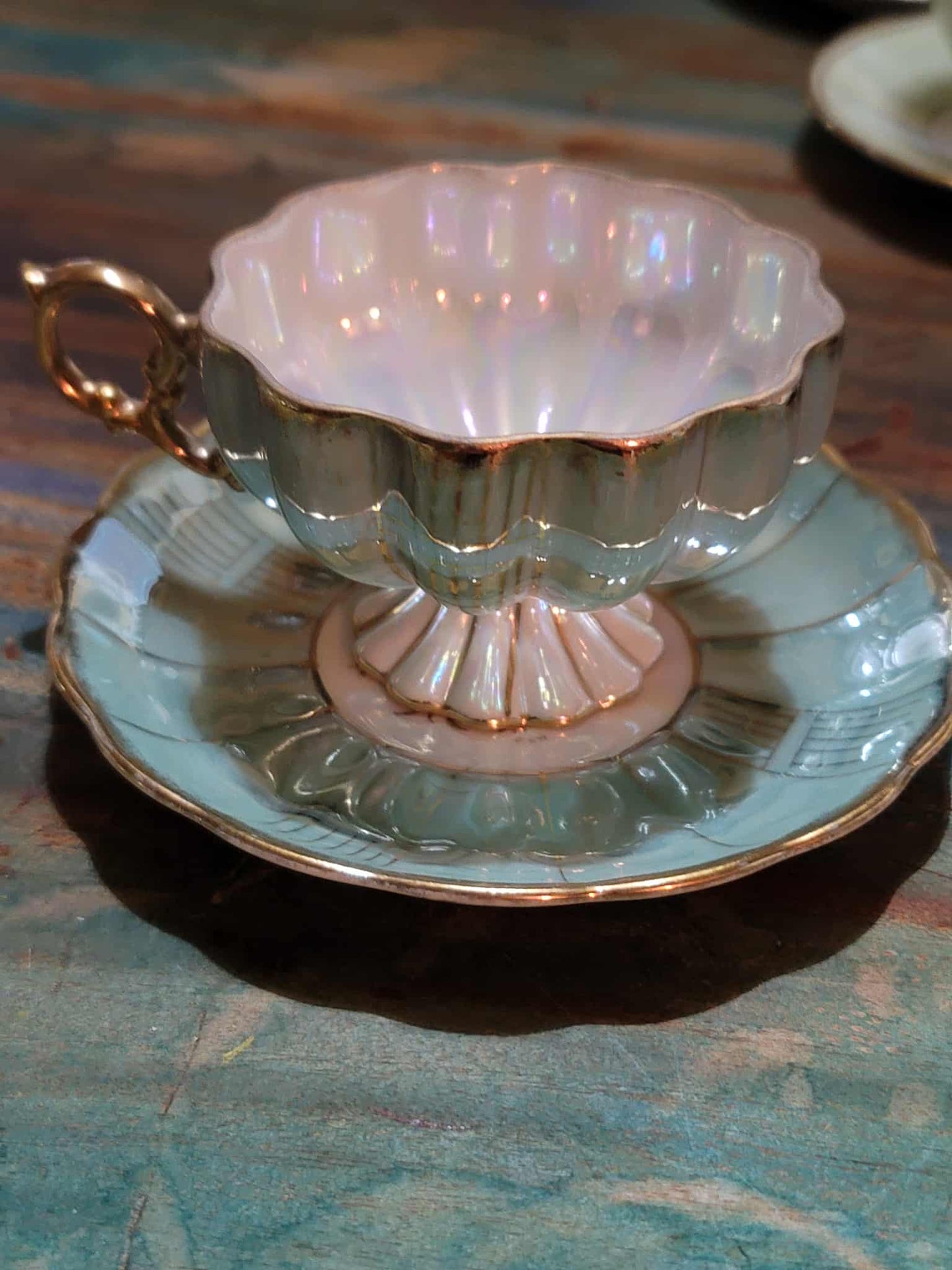 Antique Royal Sealy Iridescent Mint Green Teacup and Saucer Set