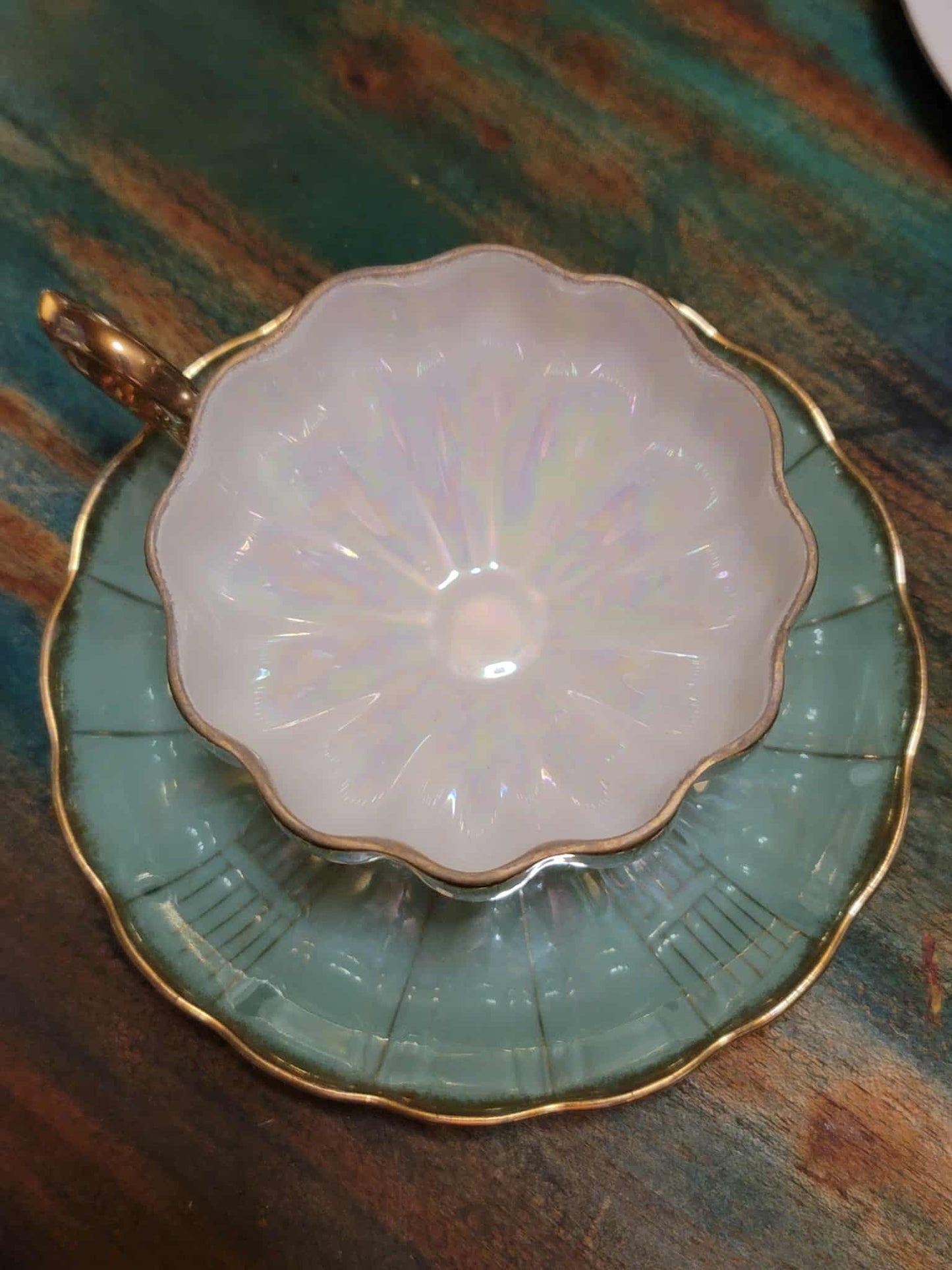 Antique Royal Sealy Iridescent Mint Green Teacup and Saucer Set