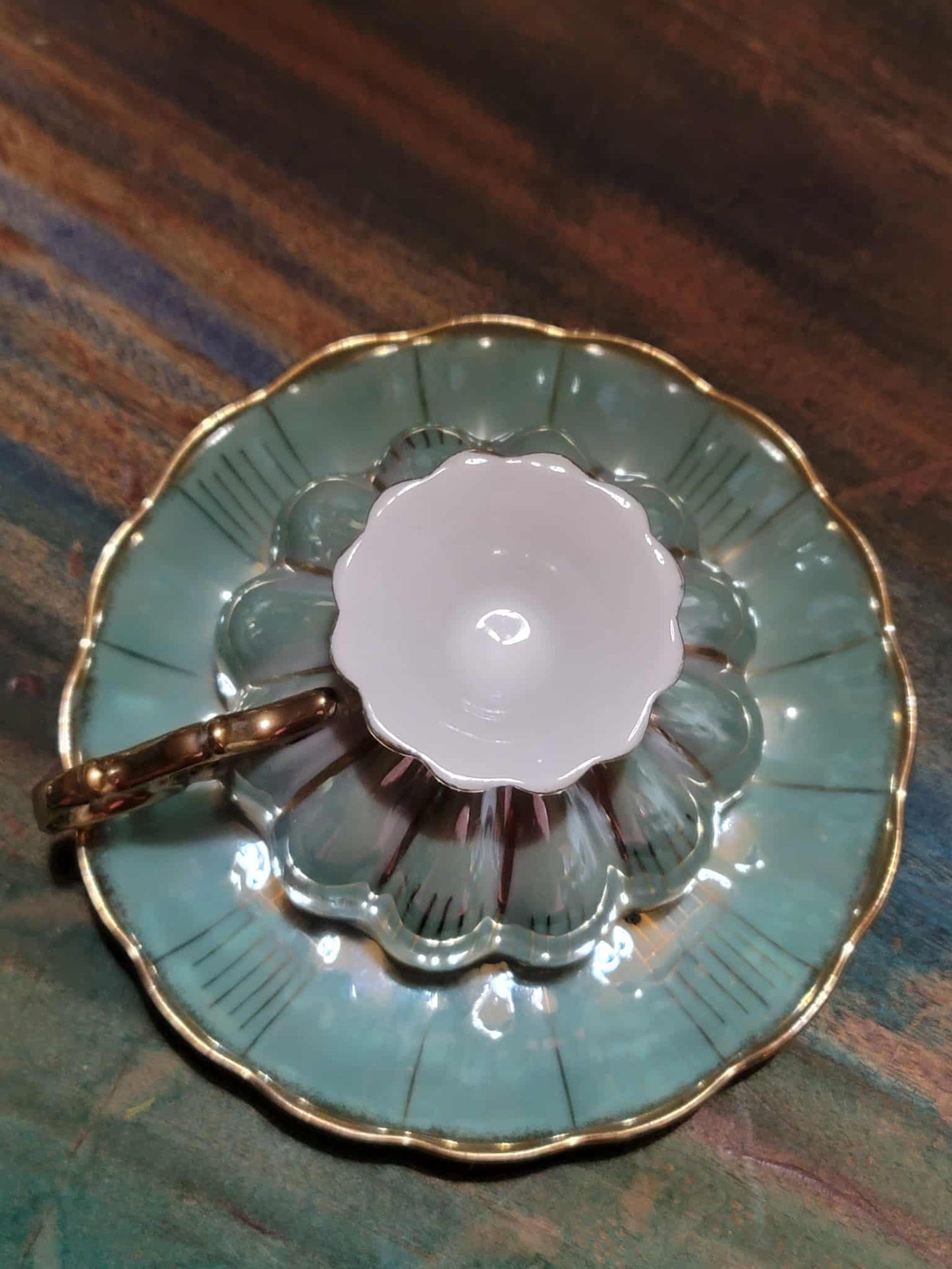Antique Royal Sealy Iridescent Mint Green Teacup and Saucer Set
