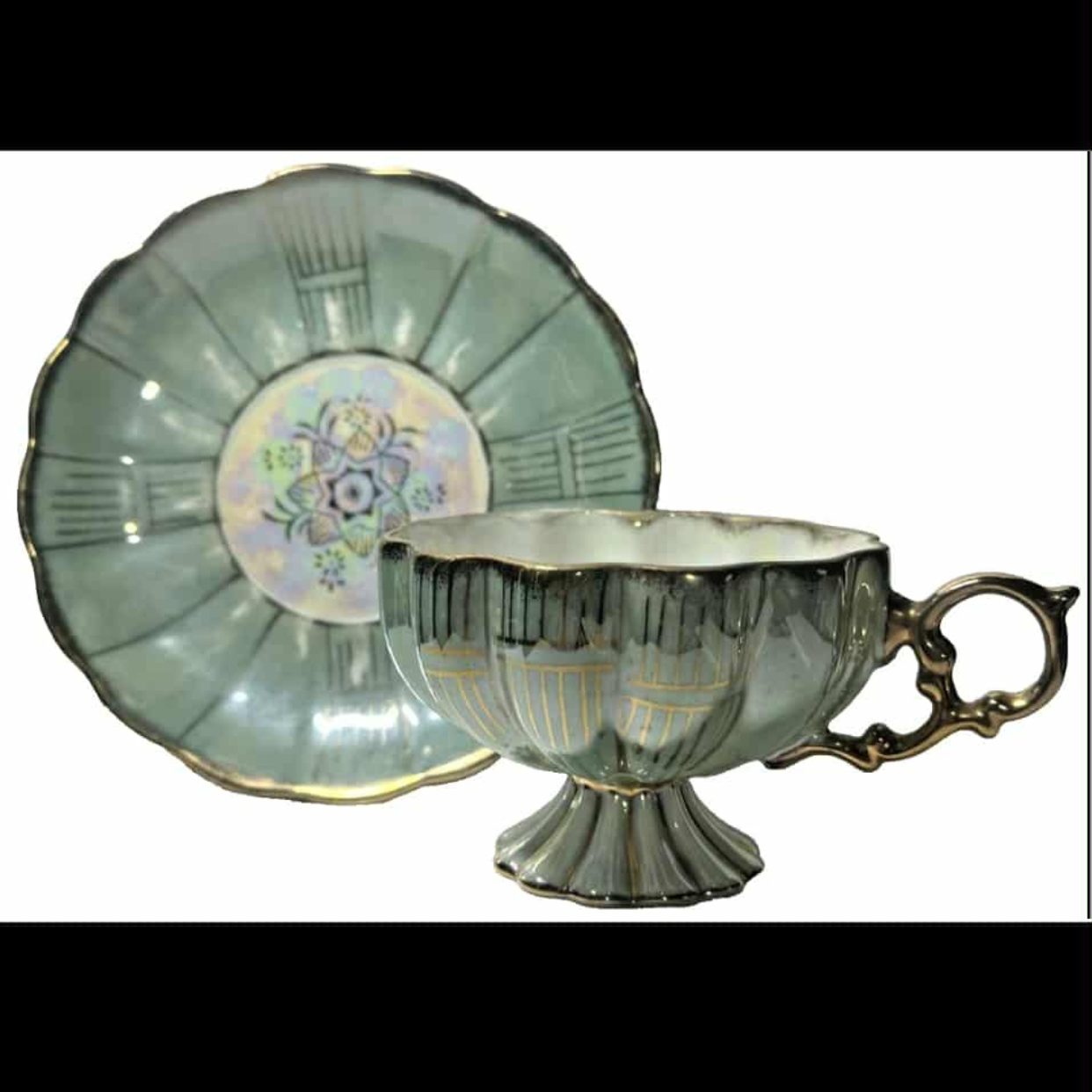 Antique Royal Sealy Iridescent Mint Green Teacup and Saucer Set